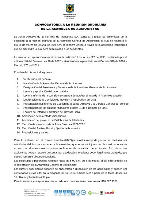 Convocatoria asamblea accionistas 2022